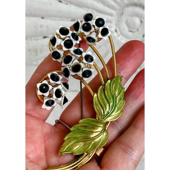 Vintage 1950s Metal Flower Brooch Porcelain Glass Bead Accents - Picture 3 of 11